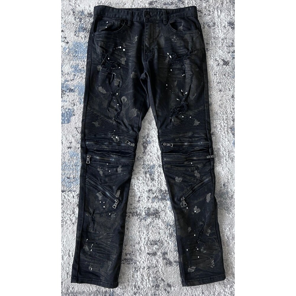 Smoke Rise Moto Jeans Men’s 32x32 Black Distressed Paint Splatter Biker jean
